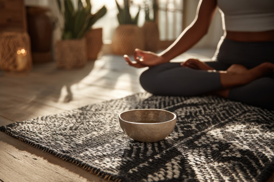 faceless woman crossed legs while meditating on wooden floor with black and white rug with ceramic bowl in front singing bowl