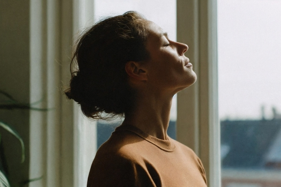 woman head high closed eyes facing window afternoon sun
